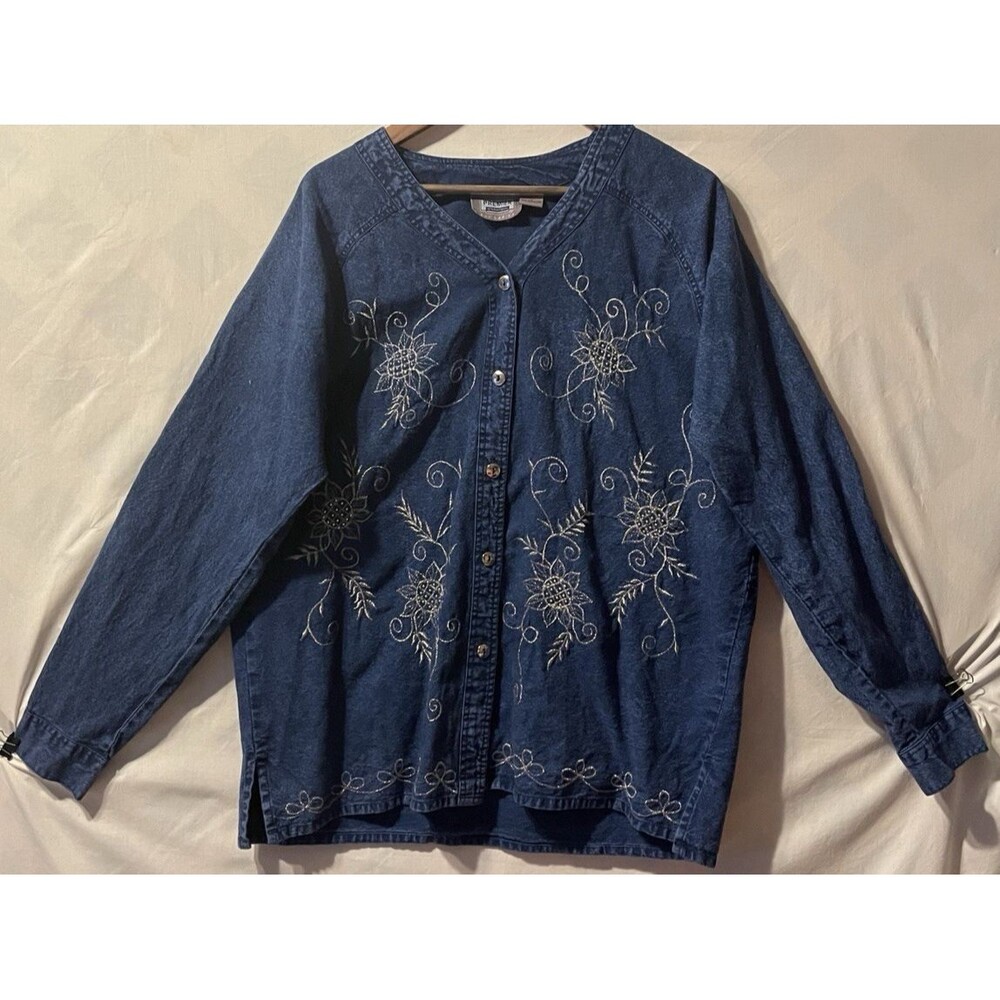 Vtg 90s Premier International Beaded Silver Embroidery & Beads Denim Shirt XL